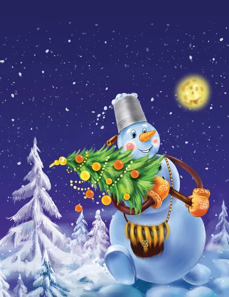 微笑与冬季背景上的一棵圣诞树雪人 — 图库照片