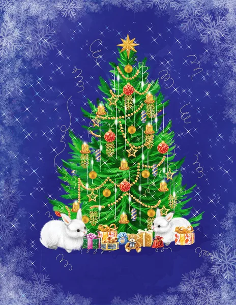 Hediyeler ve iki beyaz tavşan ile güzel Noel ağacı — Stok fotoğraf