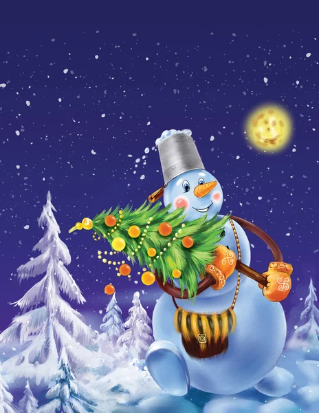 Mosolyogva, hóember, karácsonyfa a téli háttér — Stock Fotó