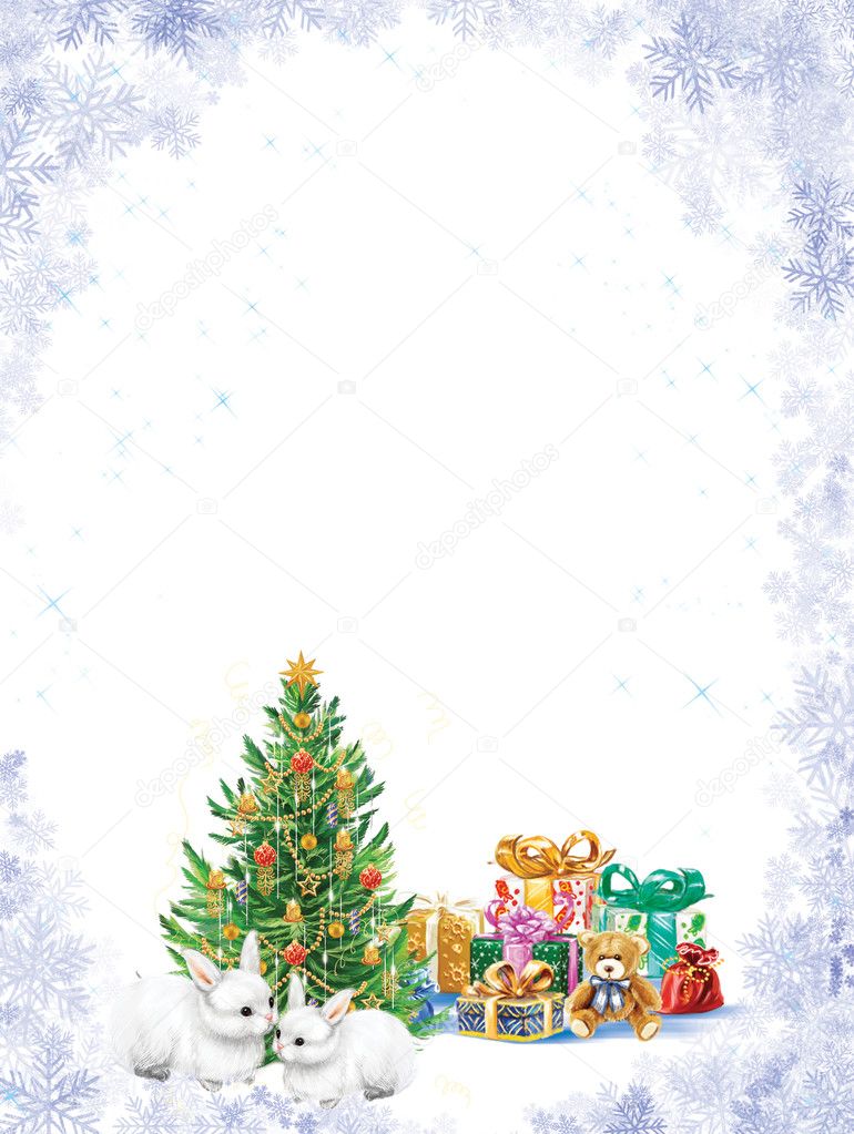 Beautiful Christmas tree with presents and two white rabbits