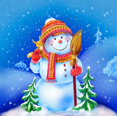 Snowman with a broom and a funny squirrel on a winter background clipart