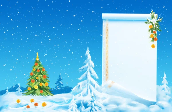 童话冬天背景上漂亮的圣诞树 — 图库照片