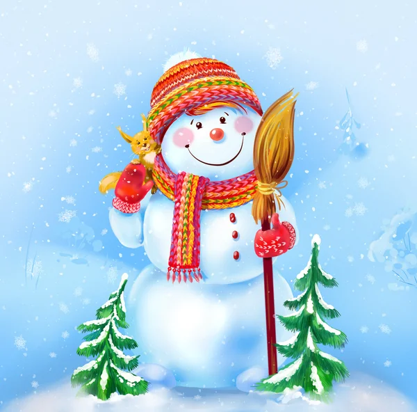 Снеговик с метлой и смешная белка на зимнем фоне — стоковое фото