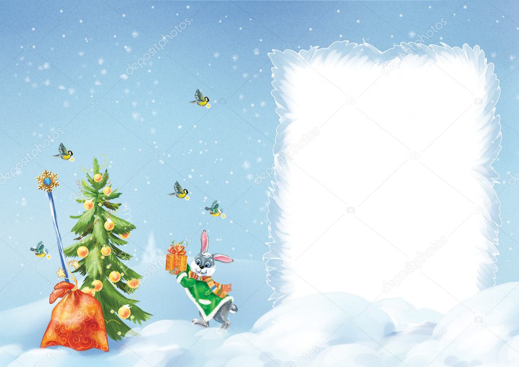 Beautiful Christmas tree with presents and funny rabbit