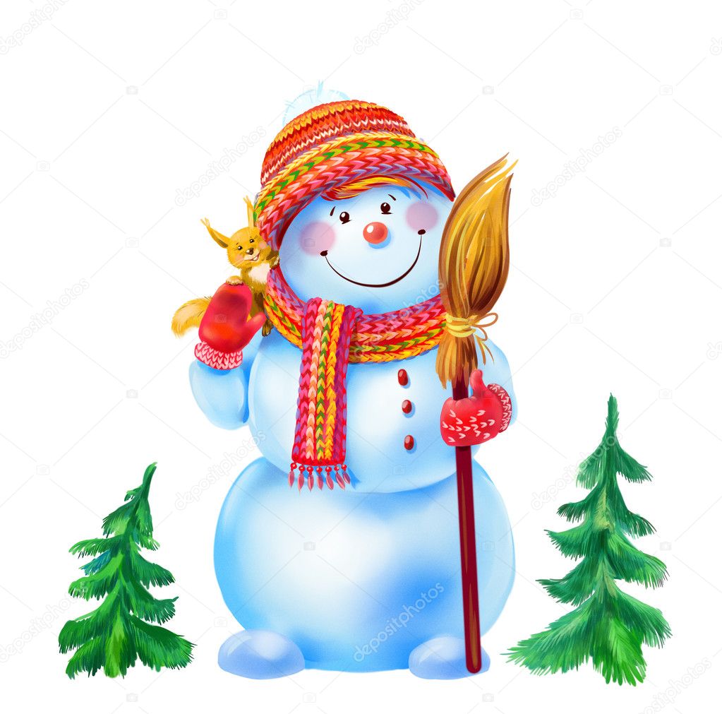 Snowman with a broom and a funny squirrel, isolated on white background