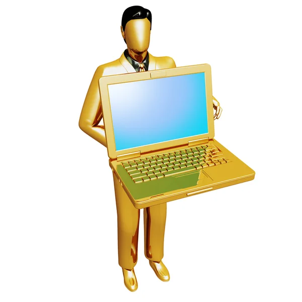 Złota biznesmen posiadania laptopa — Zdjęcie stockowe