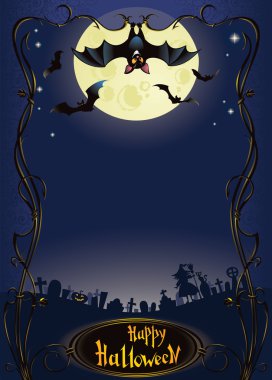 Halloween background with funny bat and graveyard clipart