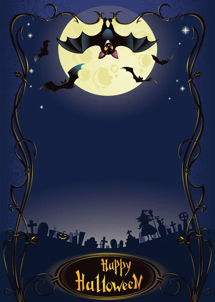 Fondo de Halloween con divertido murciélago y cementerio — Vector de stock
