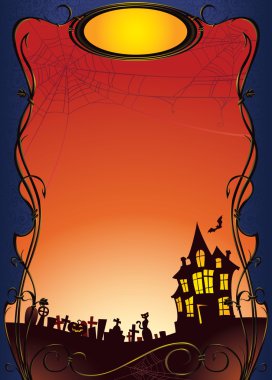 Halloween background with haunted house and graveyard clipart
