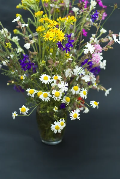 Strauß frischer Wildblumen auf schwarzem Hintergrund — Stockfoto