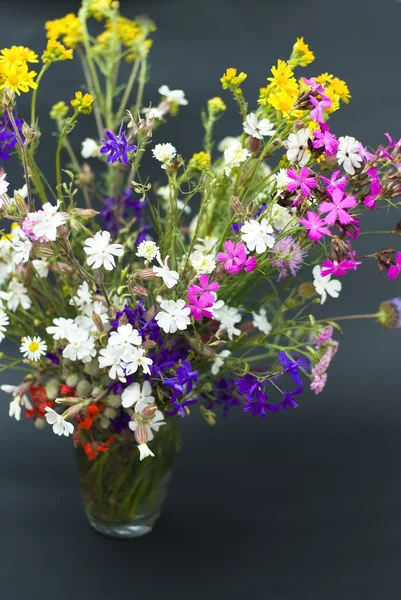검은 배경에 고립 된 여름 신선한 야생 꽃의 꽃다발 — 스톡 사진