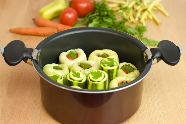 Pan with stuffed peppers and zucchini — Stock Photo, Image