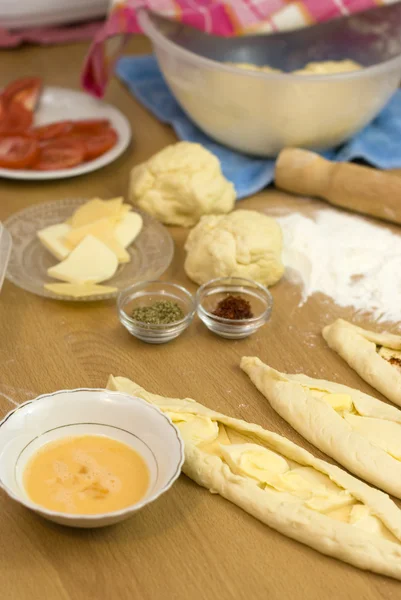 Turkish cooking meals pide from yeast dough cheese and butter — Stock Photo, Image