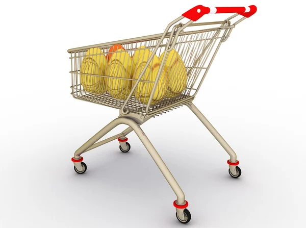 Carrito de compras con huevos de oro y un huevo rojo — Foto de Stock