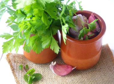 Pots with parsley and garlic. clipart