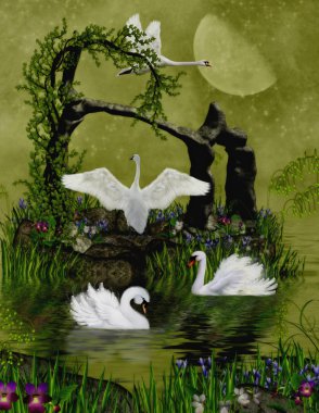Swans in the moonlight clipart