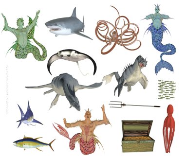 Neptun and sea monsters clipart