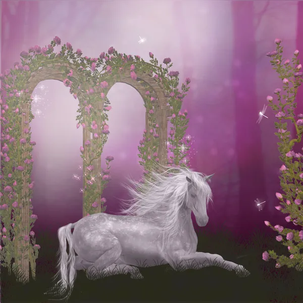 Paard in een tuin van rozen — Stockfoto