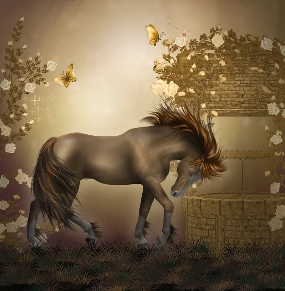 Лошадь в саду роз — стоковое фото