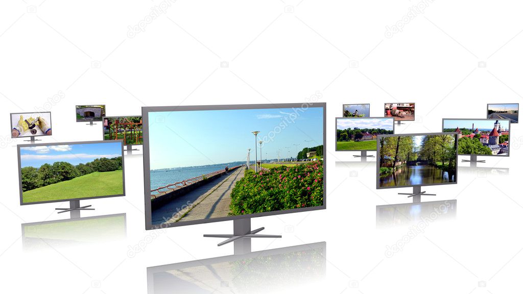 Row of LCD displays with picture galleries