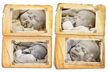 Grunge album pages with sepia pictures of a sleeping newborn baby clipart