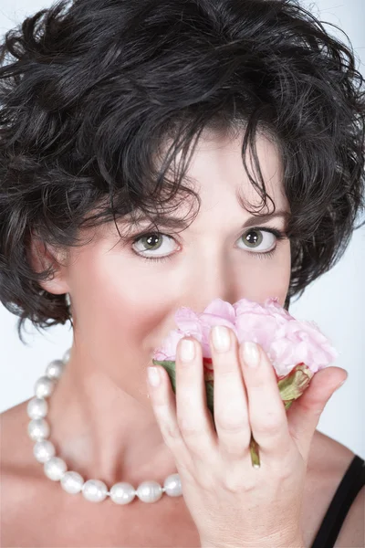 Woman with pink peony flower. — Stock Photo, Image