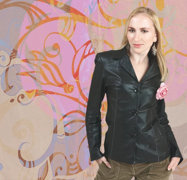 Young blond girl in leather jacke — Stock Photo, Image