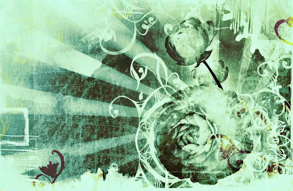 Grunge página con manchas, rayos y flores —  Fotos de Stock