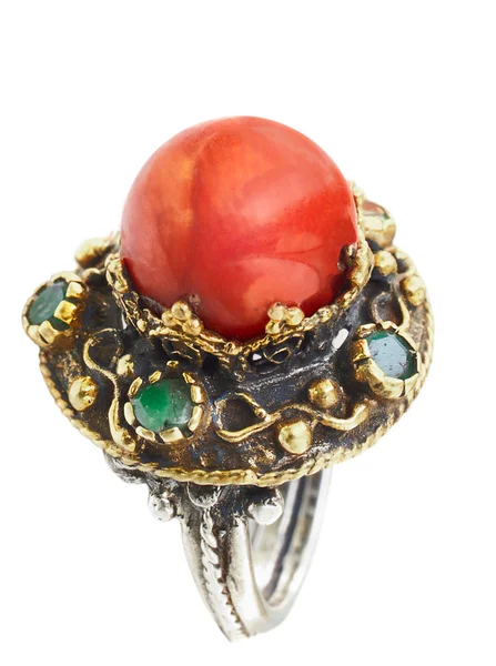 Ouro e prata turco anel otomano com coral — Fotografia de Stock
