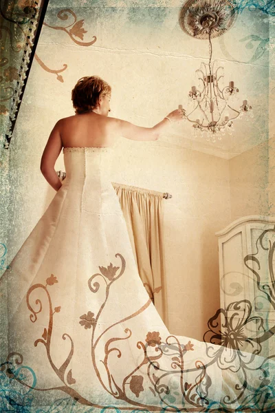 Grunge nevěsta v bílém v romantické pokojeロマンチックなお部屋で白で不潔な花嫁 — Stock fotografie