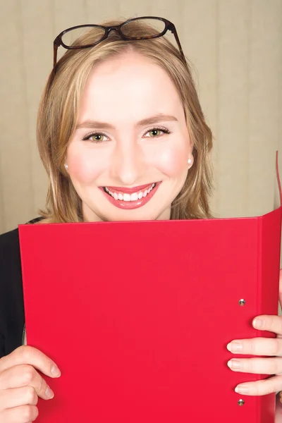 Business woman with red file — Stock Photo, Image