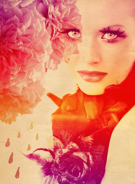 Sfondo arcobaleno con donna e rose — Foto Stock