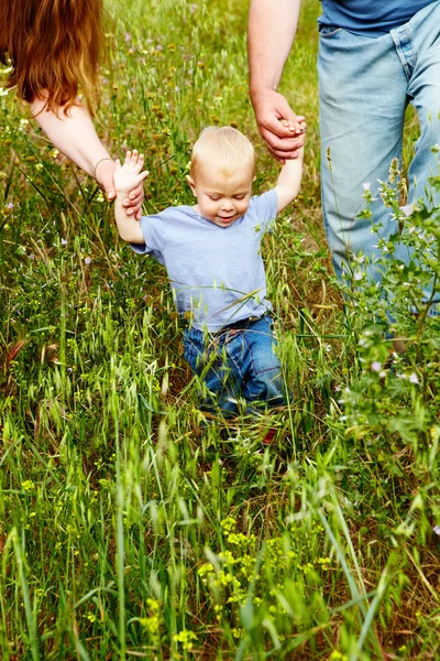 Family of three in the field — Stock Photo, Image