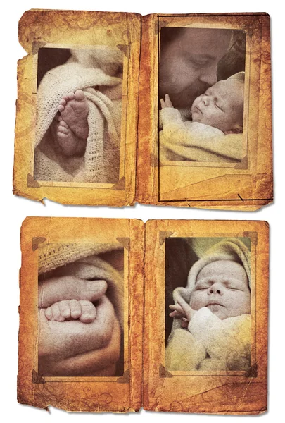 Grunge album pages with photo frames with pics of little baby boy — Stock Photo, Image