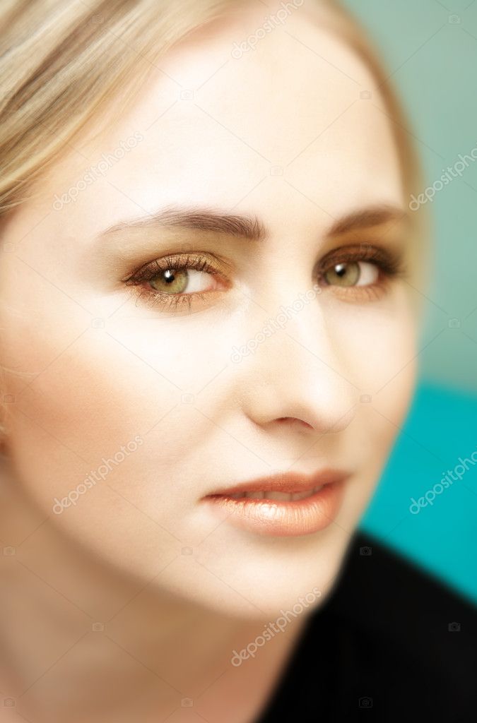 Short Blonde Hair Green Eyes Face Of Young Blond Woman With