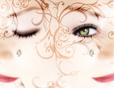 Woman's face with a diamond and scrolls clipart