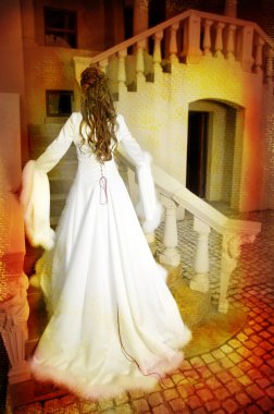 Beautiful bride in long silk coat on staircase clipart