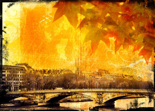 Grunge Paris pont et feuilles de fond — Photo