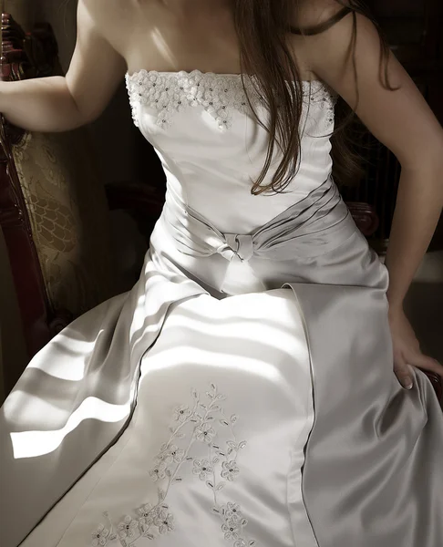 Doğal ışık gümüş elbiseli güzel gelin — Stok fotoğraf