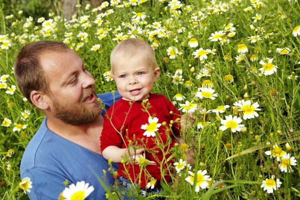 Pai e menino no campo de flores — Fotografia de Stock