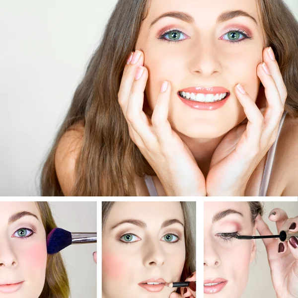 Collage make-up op mooie gelukkig vrouw. — Stockfoto