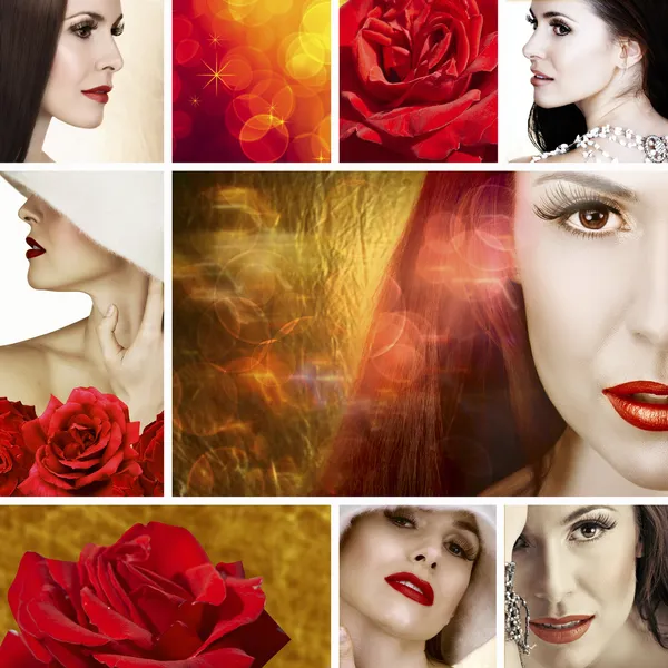 Vacker kvinna med röda rosor collage — Stockfoto