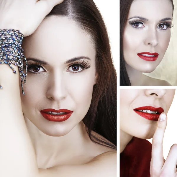 Vacker kvinna med röda läppar collage — Stockfoto