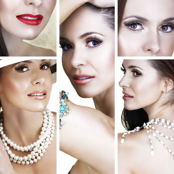 Schöne Frau mit Perlen-Collage — Stockfoto