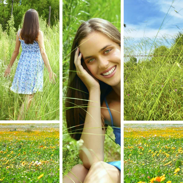 Colagem de uma mulher na grama . — Fotografia de Stock