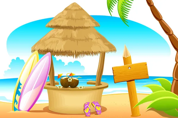 Cabane de paille et planche de surf à la plage — Image vectorielle