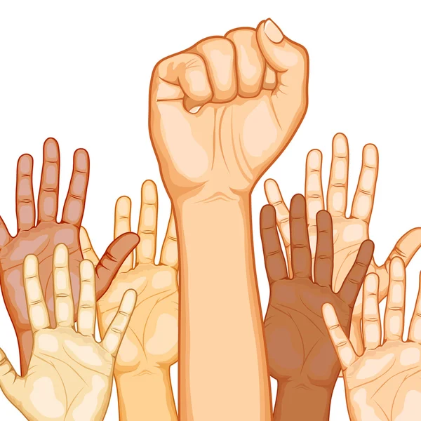 Multi Racial raised Hands — Stock Vector