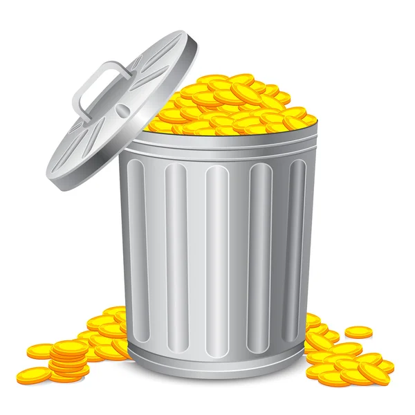 Cubo de basura lleno de monedas — Vector de stock