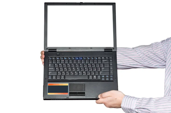 Der Laptop in den gestreckten Händen — Stockfoto