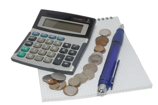 Calculadora manejar monedas y bloc de notas — Foto de Stock